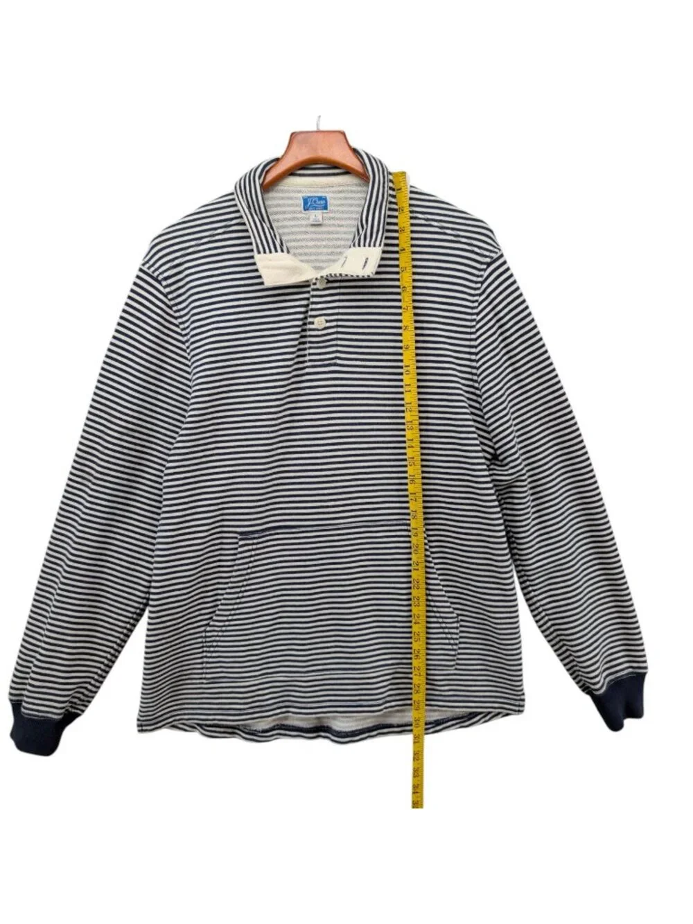 J.CREW French Terry Mockneck Sweatshirt Mens Navy Cream Stripe Button Size L